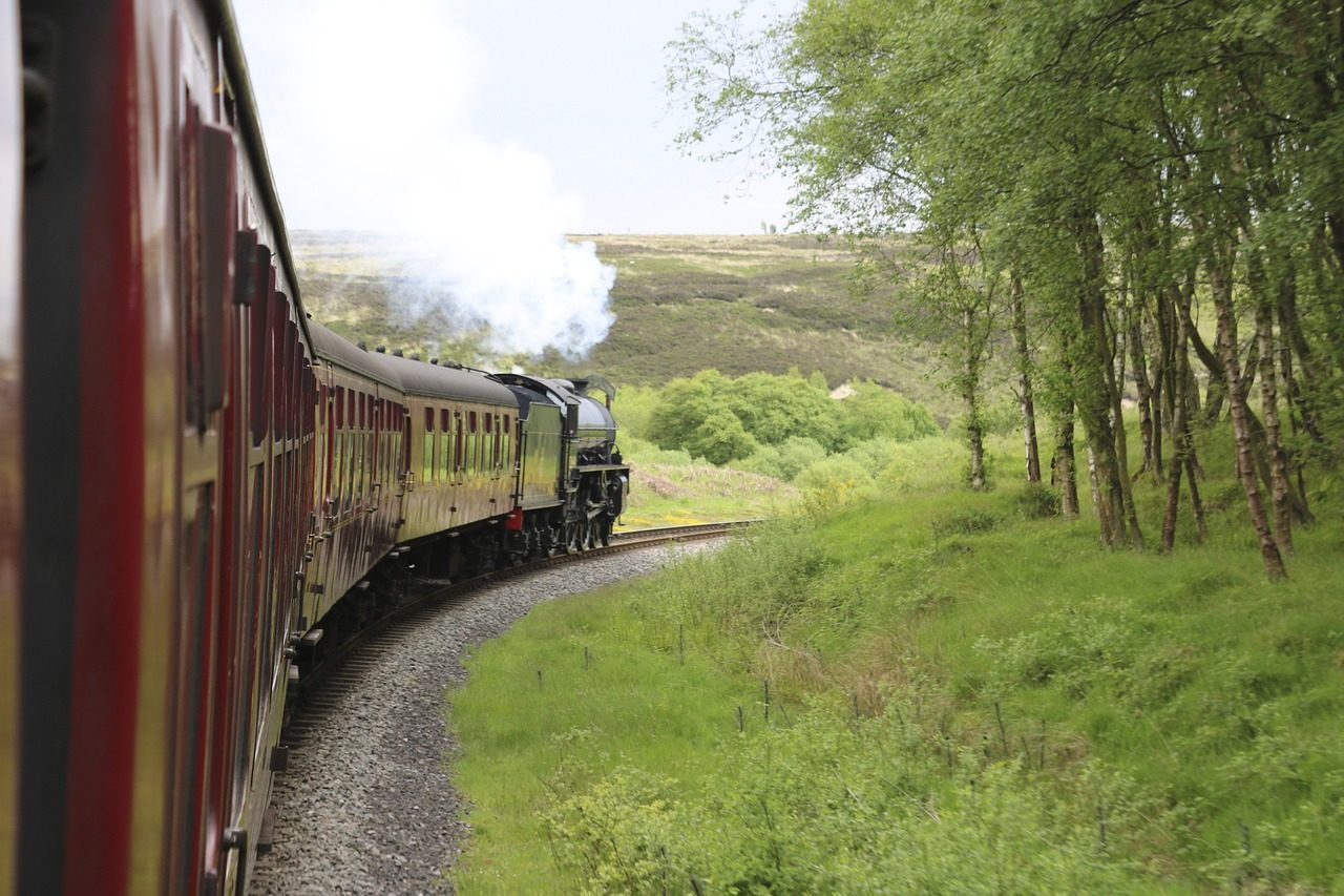 Steam locomotive rounding a curve on a scenic railway, surrounded by lush greenery and trees, with smoke billowing from the engine.