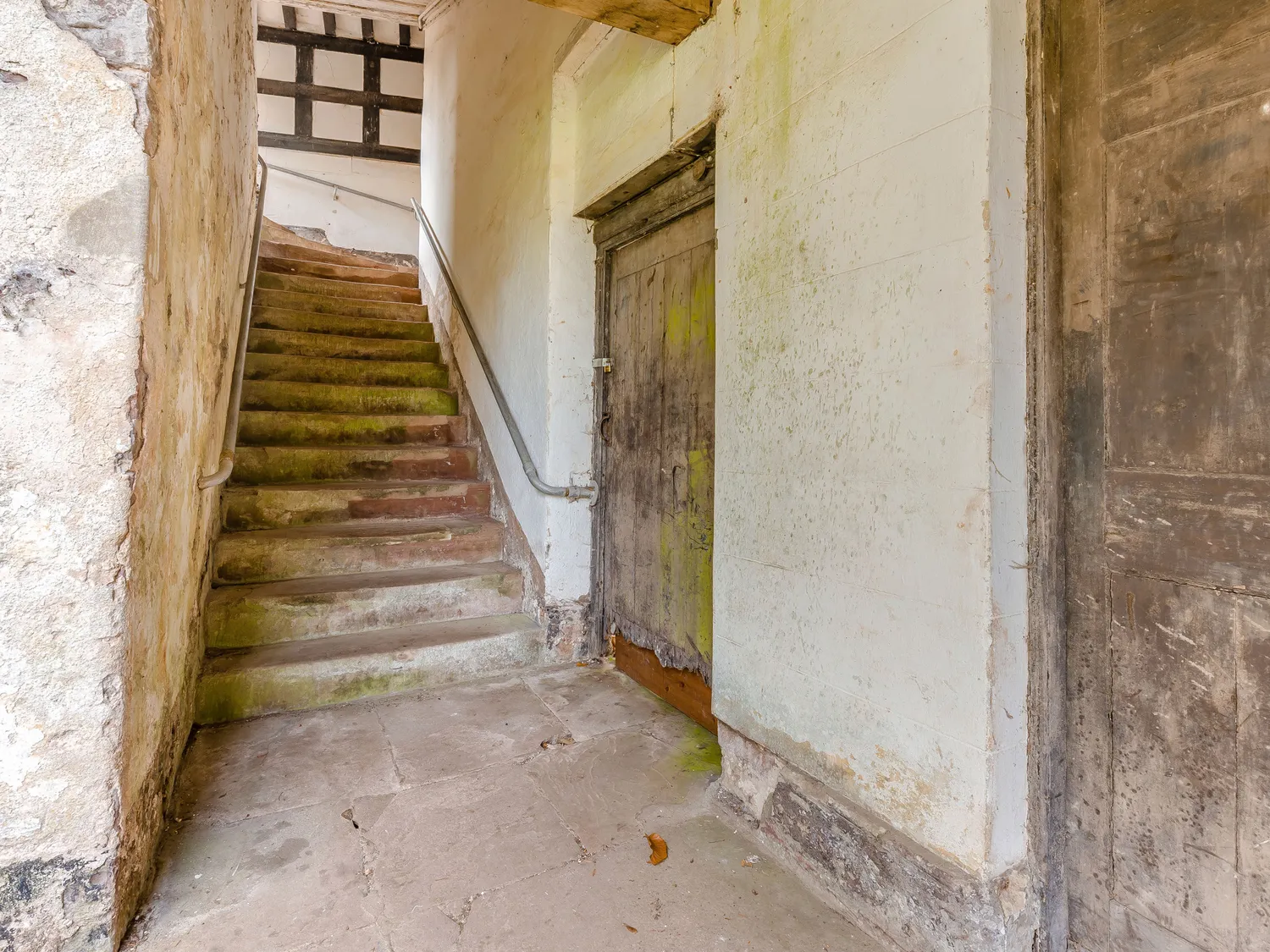 Old stone staircase with moss leading to an upper floor in a historic building with weathered walls and a wooden door.