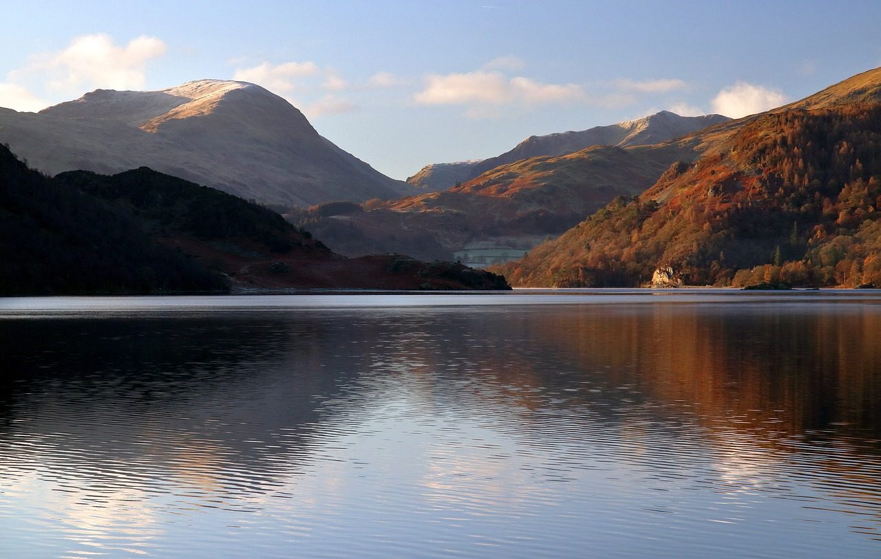 Scenic view of a tranquil lake ullswater surrounded by mountains, featuring autumn foliage and a clear blue sky, with reflections of the landscape on the water's surface.